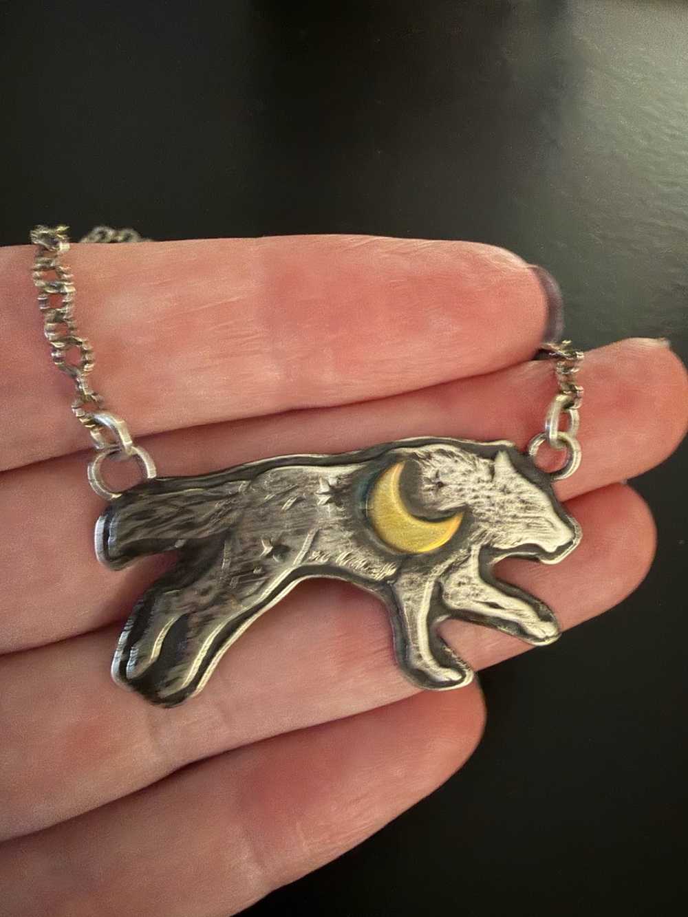 Sterling Silver Wolf Guardian Necklace Brass Moon Handmade Bear Paw Silver